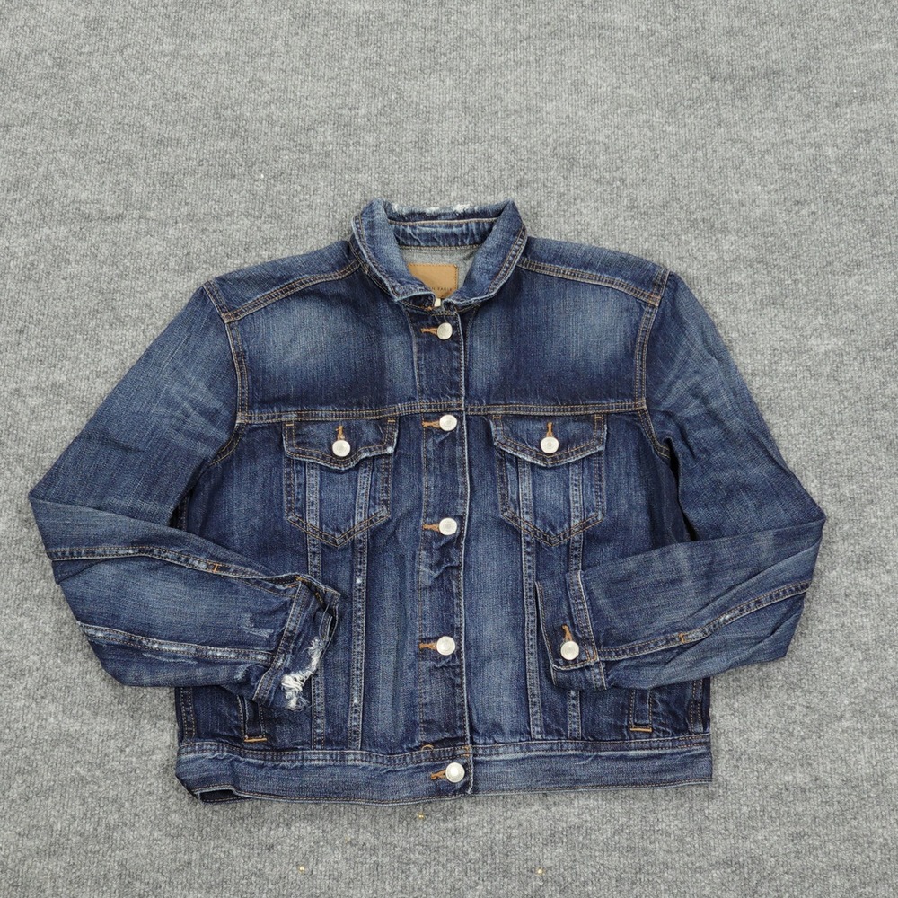 American Eagle Jacket Womens Medium Blue Denim Trucker Distressed Cotton Classic